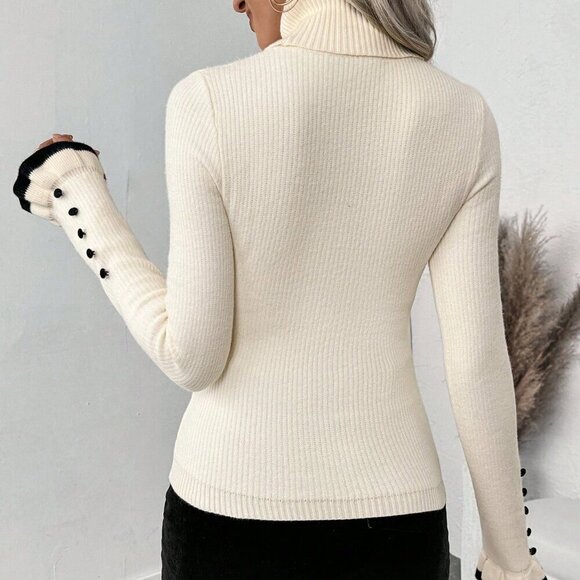 Beige Casual Women's Turtleneck Ruffled Button Long Sleeve Knit Sweater With Bow - Picture 2 of 8
